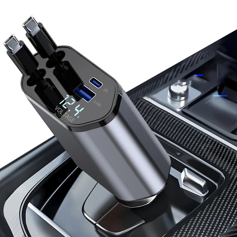 Bluejw USB C Car Charger Fast Charging 4-in-1 Retractable Cable Dual Port Automobile Adapter Compatible with All Phones - Image 1